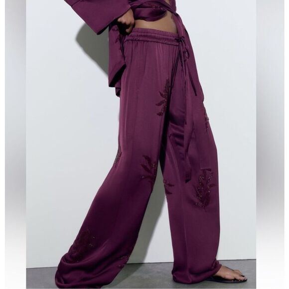 Zara Purple Beaded Embroidered High Waist Drawstring Kimono And Pants Set Sz XS - Picture 7 of 11